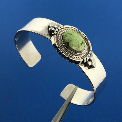 Native American Signed 925 Sterling Silver Rare Green Turquoise Cuff Bracelet
