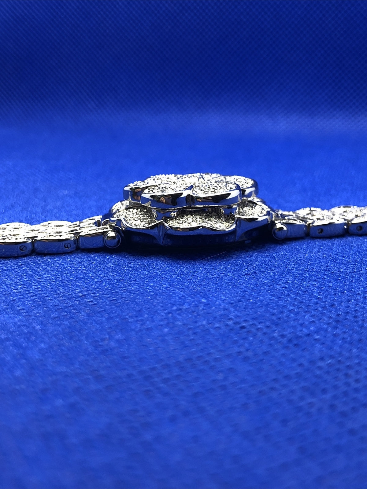 Suzanne Somers Pave Rhinestone Encrusted Flower Bracelet Hidden Watch NIB
