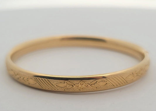 Vintage 12K Yellow Gold Filled Engraved Floral/Stripes Child's Bangle Bracelet