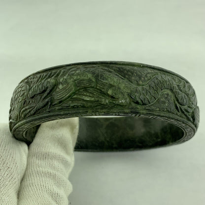 Vintage Carved Burmese Jade Dueling Dragon Fire Bird Statement Bracelet