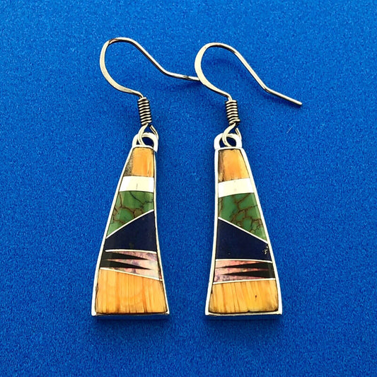 Native American Artisan 925 Sterling Silver Multi Stone Inlay Dangle Earrings