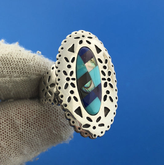 Carolyn Pollack Relios Southwestern Mosaic Stone Inlay Sterling Silver 925 Ring