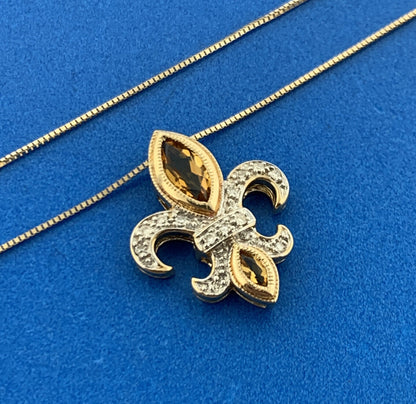 Vintage 14K Yellow White Citrine Diamond Fleur De Lis November Pendant Necklace