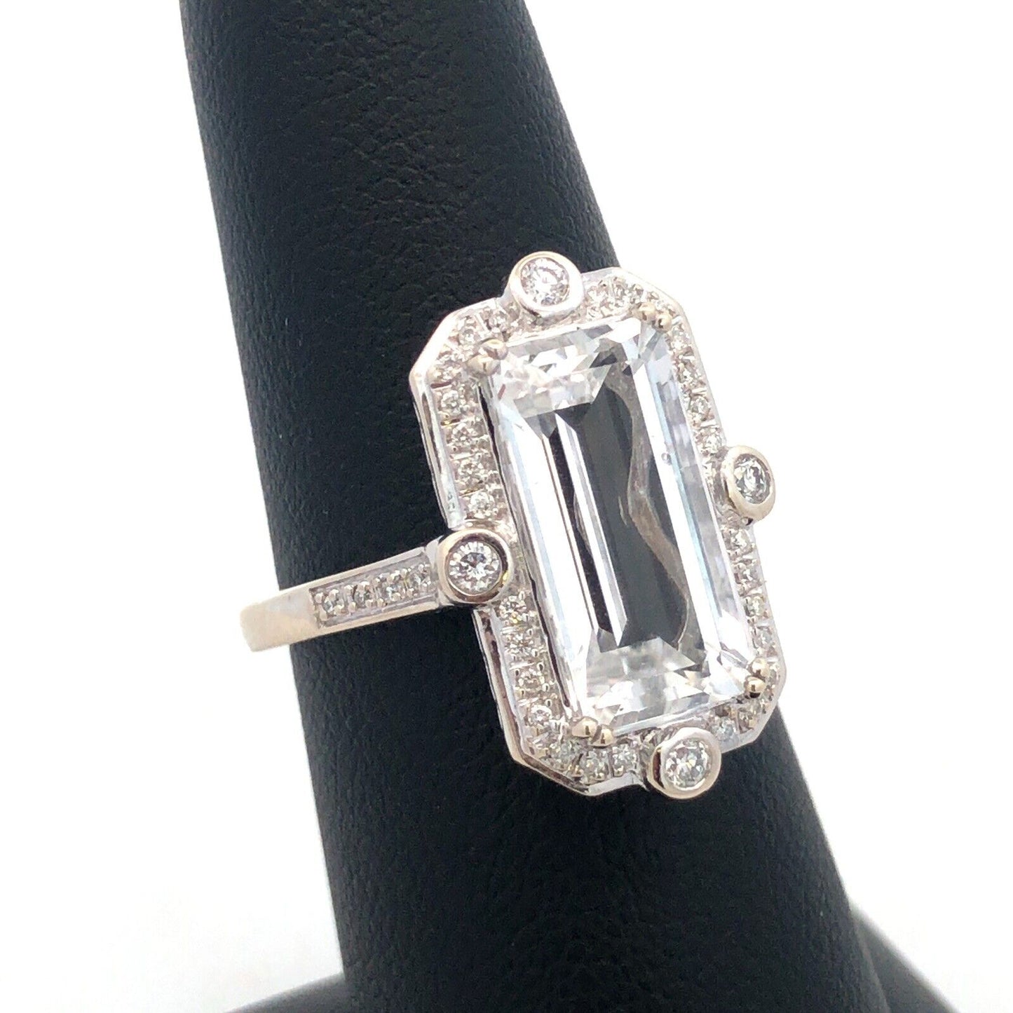 14K White Gold Designer White Topaz Diamond Accent Art Deco Style Statement Ring