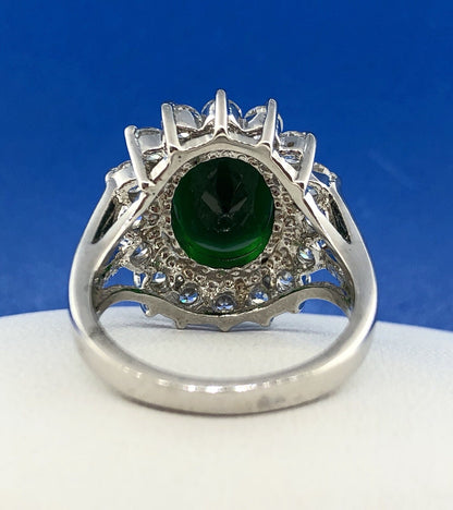 Retro Sterling Silver 925 Green White CZ Statement Fashion Cocktail Ring