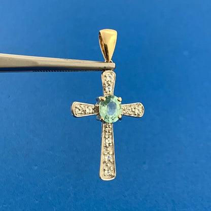 Designer 14K Yellow Gold Blue Tourmaline Diamond Accented Cross Pendant