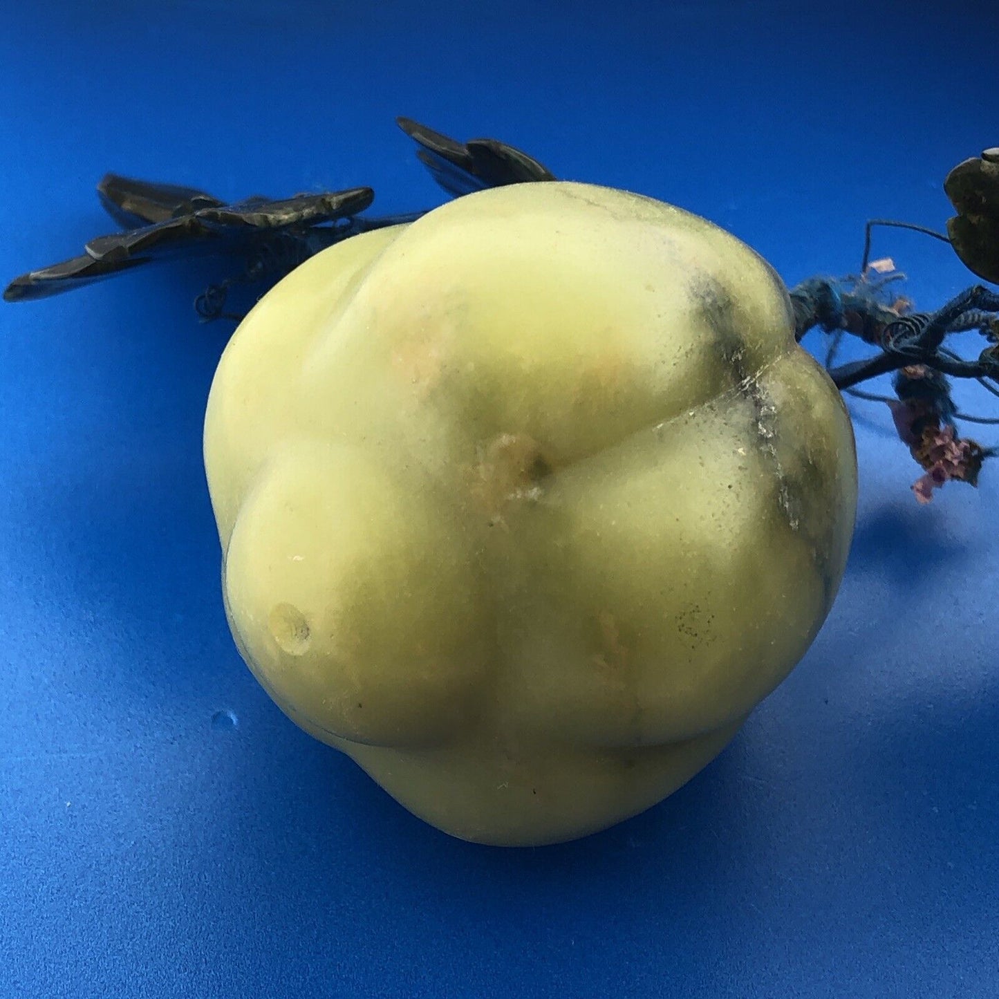 Mid Century Hand Carved Jade Gourd Mirliton Pear Fruit With Leaves