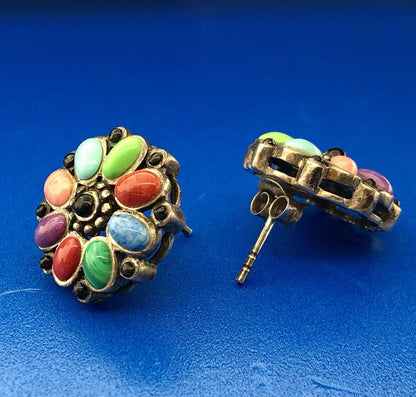 Vintage Sterling Silver 925 Multi Gem Floral Pinwheel Statement Stud Earrings