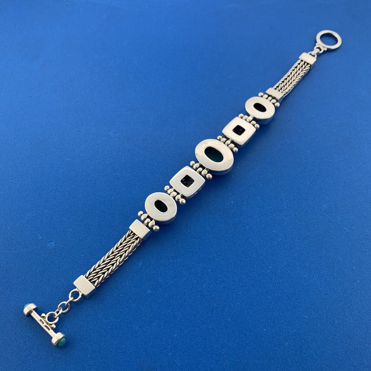 Designer 925 Sterling Silver Oval Turquoise Trio Statement Toggle Bracelet