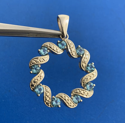 Designer 925 Sterling Silver Round Blue Topaz Circle Wreath Pendant
