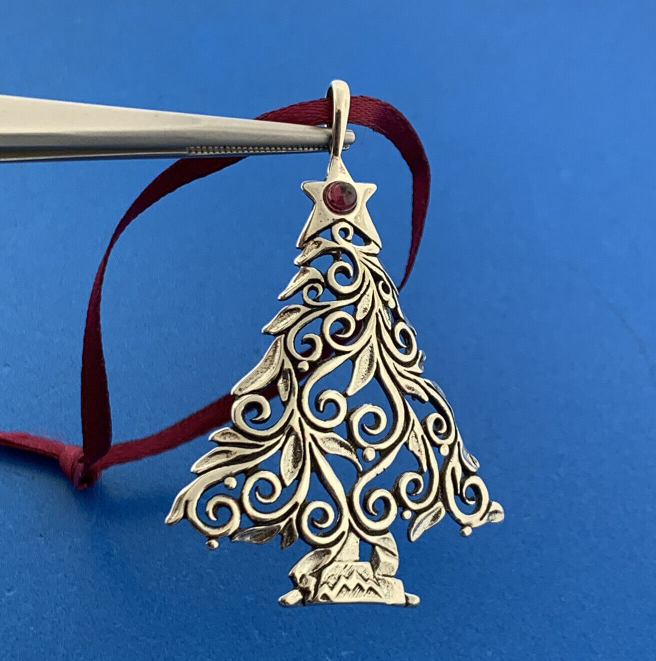 Designer Sterling Silver Amethyst Heart Scroll Christmas Tree Ornament Pendant