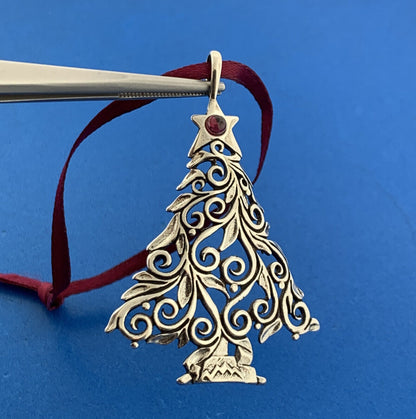 Designer Sterling Silver Amethyst Heart Scroll Christmas Tree Ornament Pendant