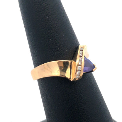 14k Yellow Gold Trillion Tanzanite Diamond Modernist Bypass Cocktail Ring