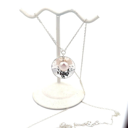 Designer 925 Sterling Silver Pearl Dangle Round Hammered Disc Pendant Necklace