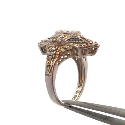 Art Deco Style 925 Sterling Silver Cubic Zirconia Blue Spinel Statement Ring