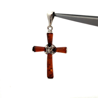 Vintage 925 Sterling Silver Orange Amber Cross Pendant