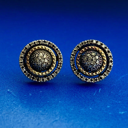 Designer AJ Sterling Silver 14K Yellow Gold Diamond Halo Cluster Stud Earrings