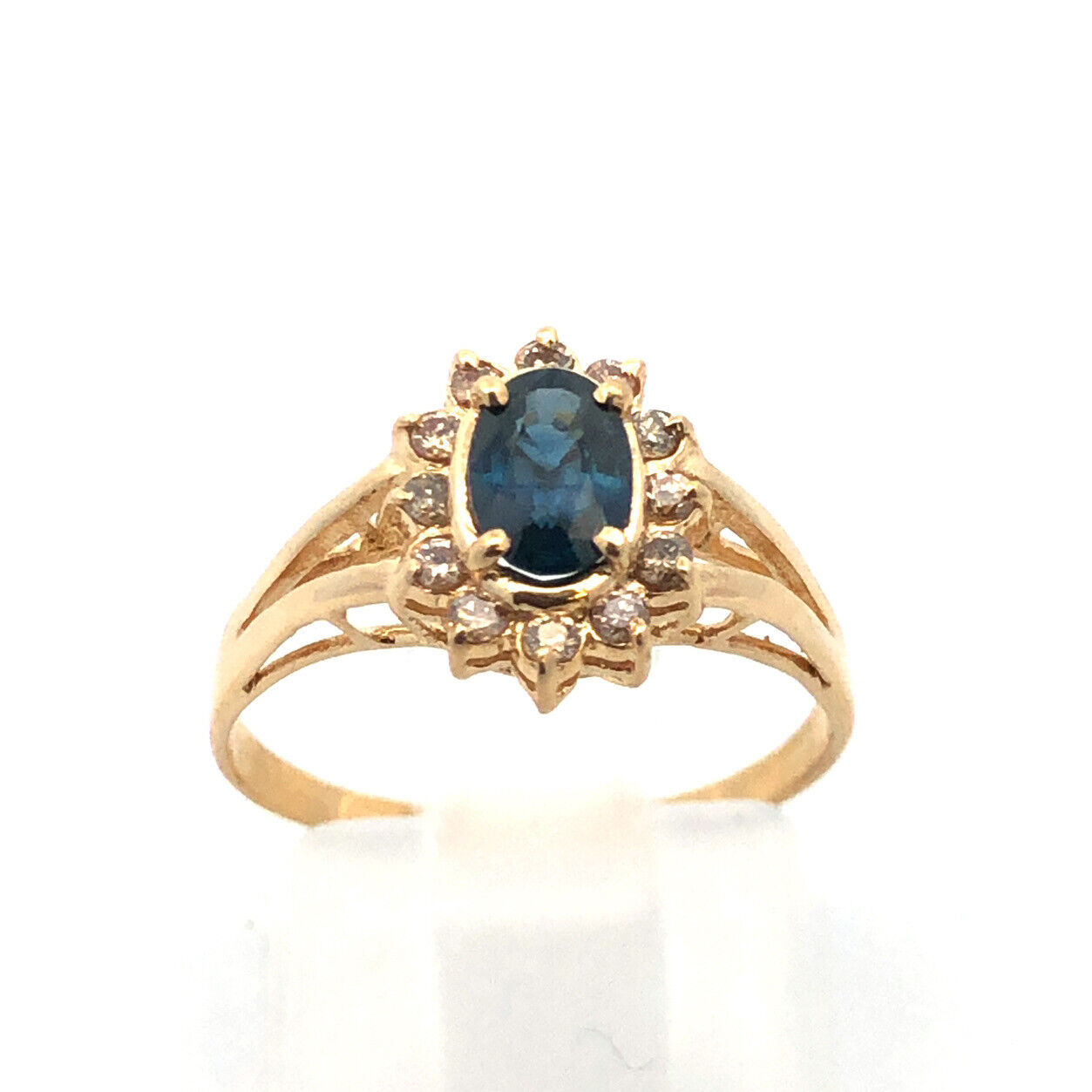 14K Yellow Gold Vintage Oval Blue Sapphire Round Diamond Halo Anniversary Ring