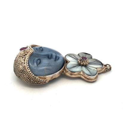 Designer Sajen 925 Sterling Silver Blue Cat's Eye Ruby Goddess Brooch Pendant