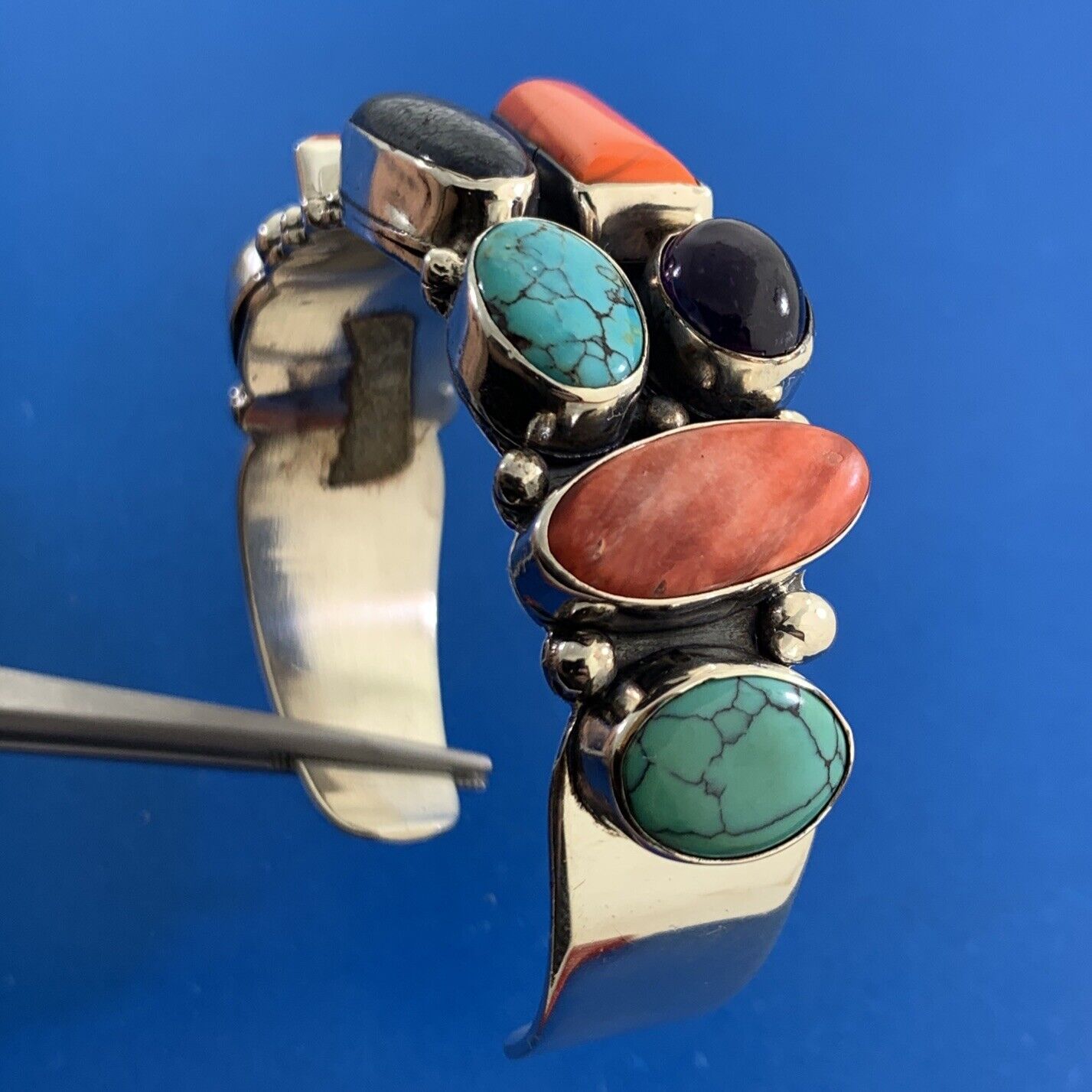 Sam Piaso Zuni Sterling Silver Turquoise Multi Gemstone Statement Cuff Bracelet