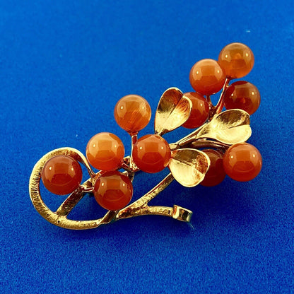 Estate 14K Yellow Gold Carnelian Bead Berry Vine Statement Brooch Pin Pendant