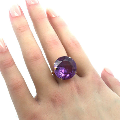 Vintage Designer 14K Yellow Gold Round Purple Sapphire Statement Solitaire Ring