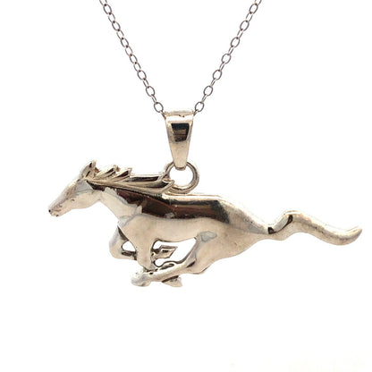 Designer S 925 Sterling Silver Horse Galloping Equine Pendant Necklace