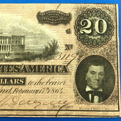 1864 $20 Twenty Dollars Confederate States of America CSA Last Issue T-67 Curren