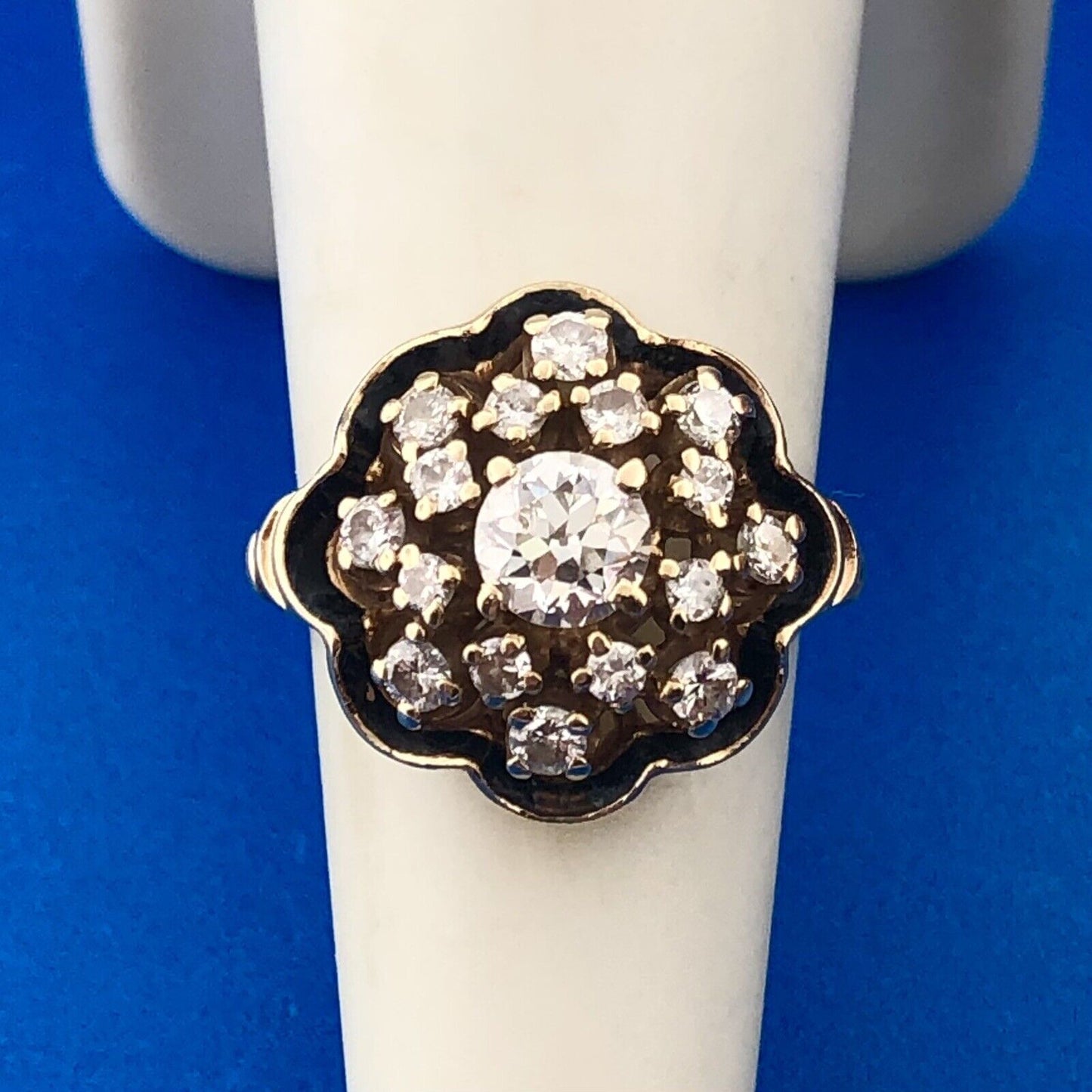 Gorgeous 14k Yellow Gold Diamond Black Enamel Georgian Cluster Ring Size 6.0