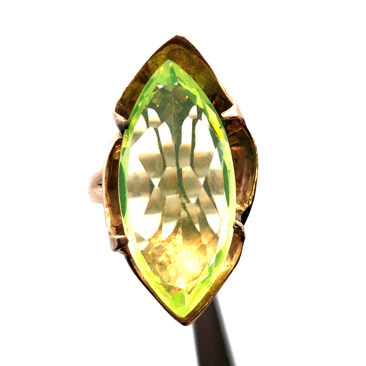 Vintage Custom 14K Yellow Gold Cushion Marquise Green Peridot Statement Ring