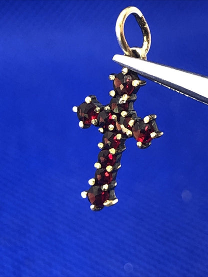 Estate 900 Silver Round Red Garnet Religious Cross Pendant