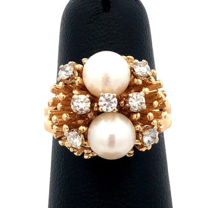 Designer EAG 14K Yellow Gold Round Pearl Diamond Textured Dome Statement Ring