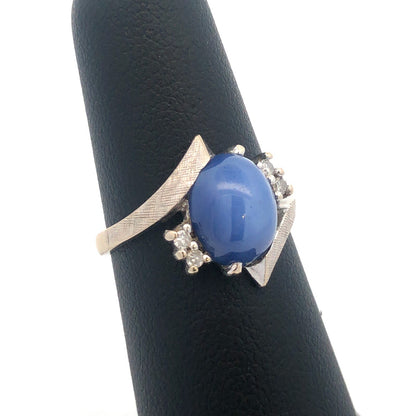 Mid Century Modern 14K White Gold Blue Star Sapphire Diamond Cocktail Ring