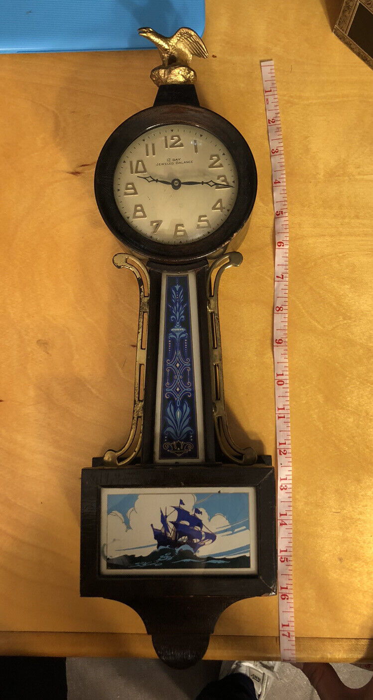 Antique New Haven Clock Company Willis Nautical Theme 12 Day Banjo Wall Clock