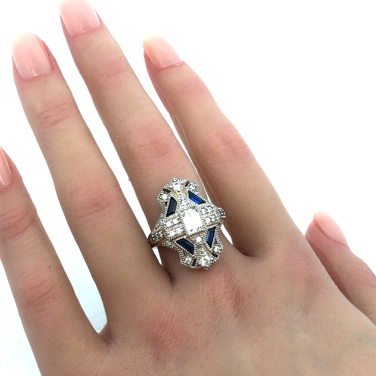 Art Deco Style 925 Sterling Silver Cubic Zirconia Blue Spinel Statement Ring