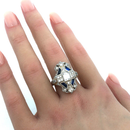 Art Deco Style 925 Sterling Silver Cubic Zirconia Blue Spinel Statement Ring