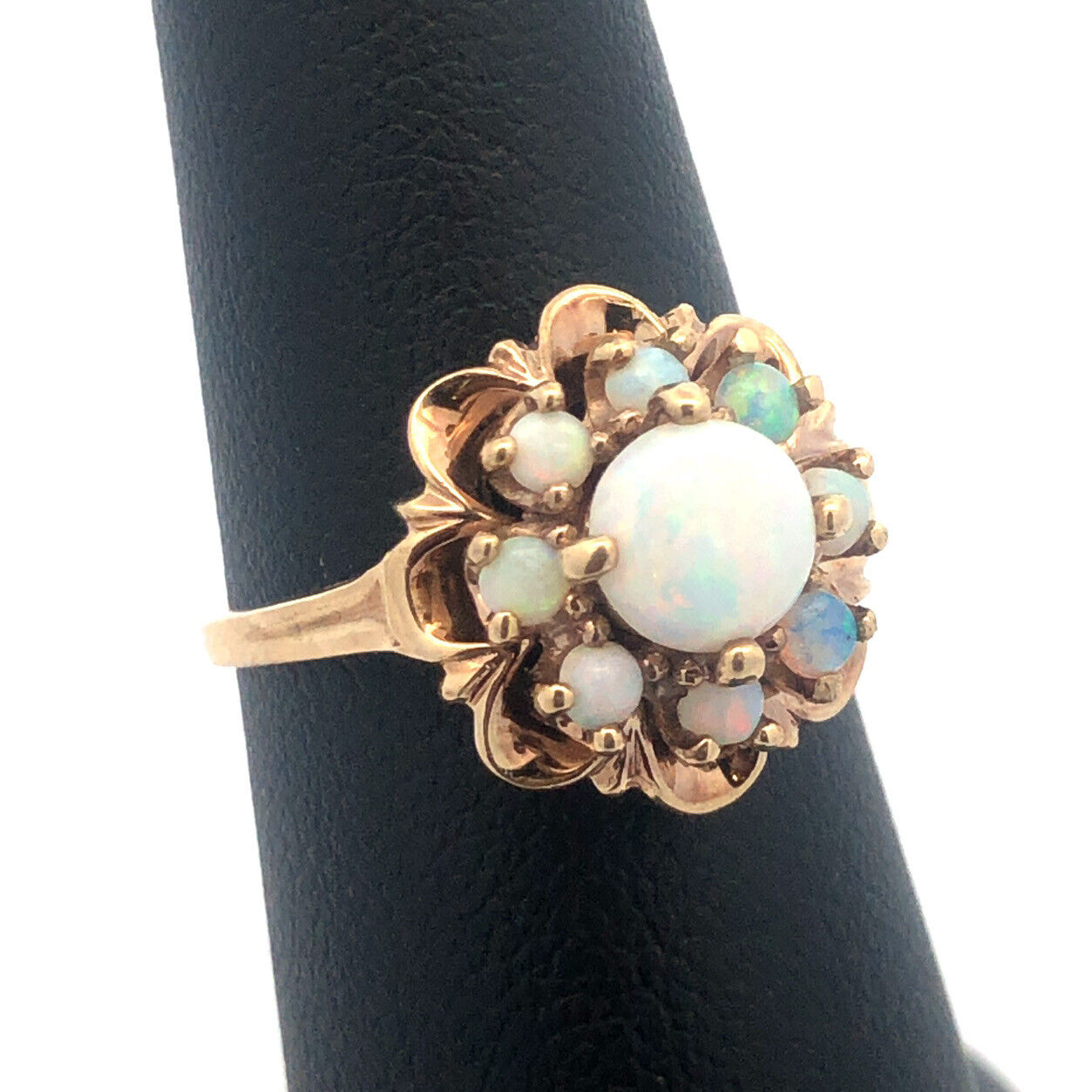 Vintage 10K Yellow Gold Opal Floral Cluster October Anniversary Cocktail Ring