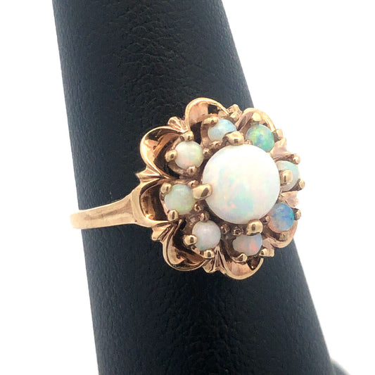 Vintage 10K Yellow Gold Opal Floral Cluster October Anniversary Cocktail Ring