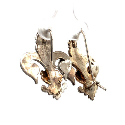 925 Sterling Silver 14K Yellow Gold Fleur De Lis Statement Stud Earrings