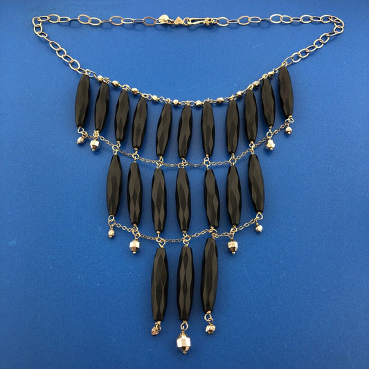 Chan Luu Vermeil Sterling Silver 925 Carved Long Black Bead 17" Bib Necklace