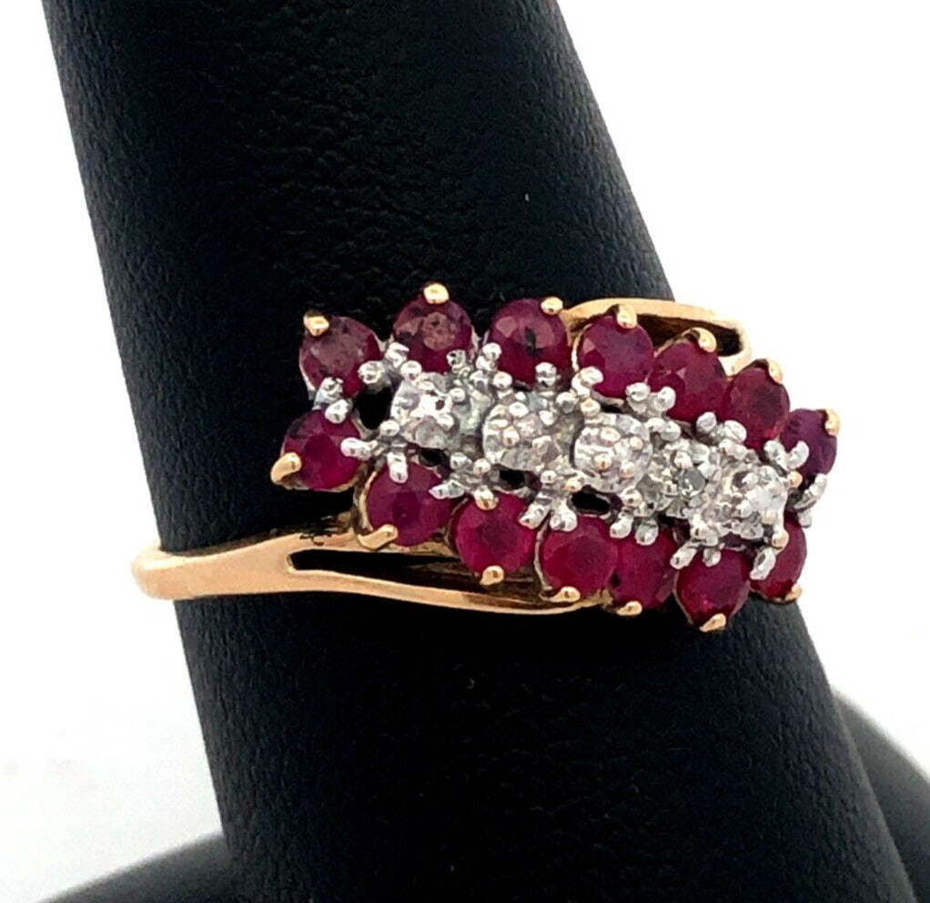Designer RN 10K Yellow Gold Round Ruby Diamond Oval Waterfall Bypass Ring