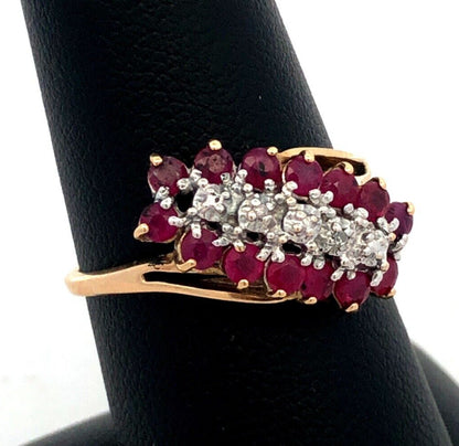 Designer RN 10K Yellow Gold Round Ruby Diamond Oval Waterfall Bypass Ring