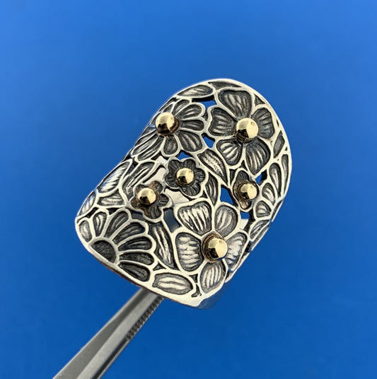 Noy Li Israel 14K Gold Sterling Silver 925 Floral Bead Motif Modernist Ring