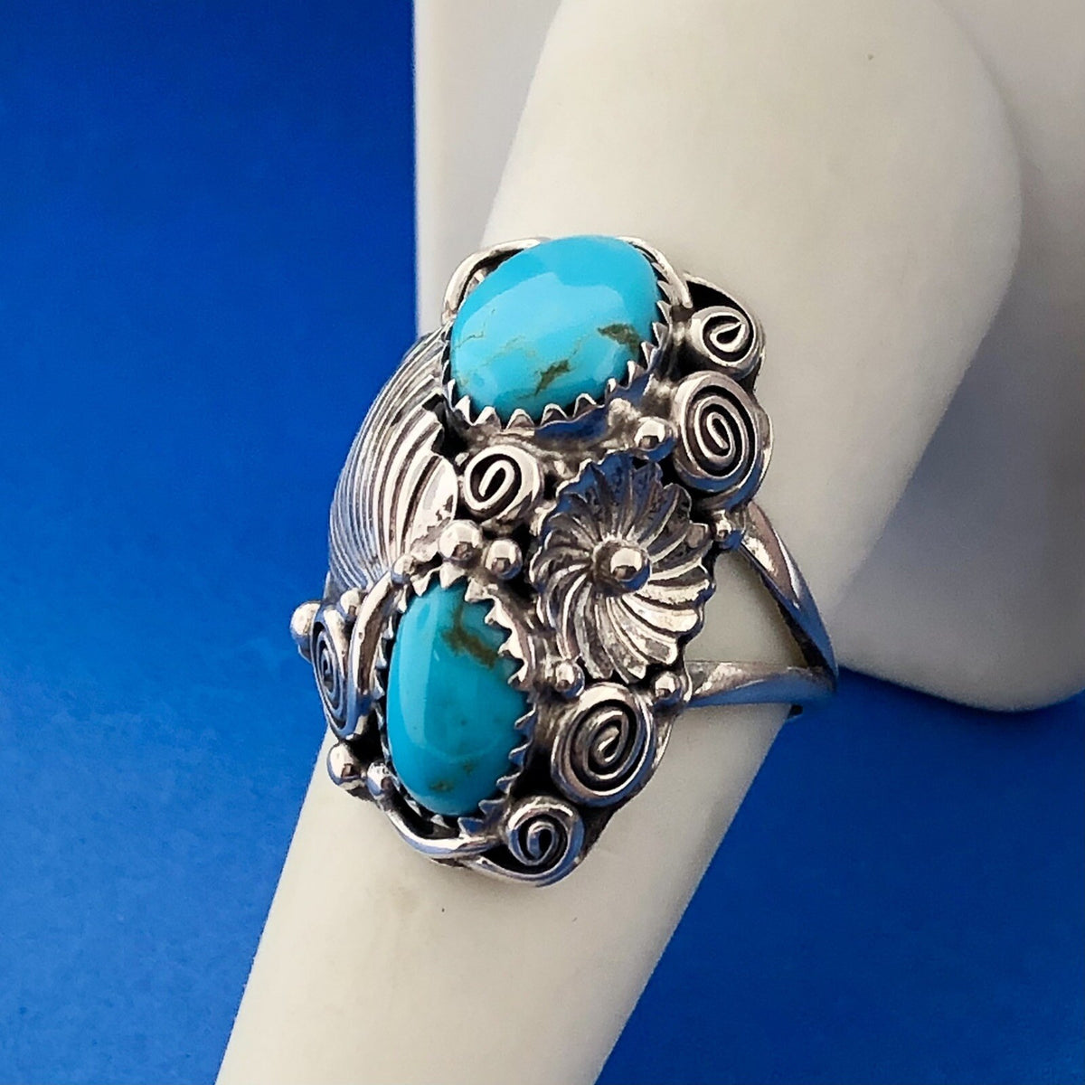 Stunning Sterling Silver 925 Cabochon Turquoise Spiral Floral Finger Ring Size 8