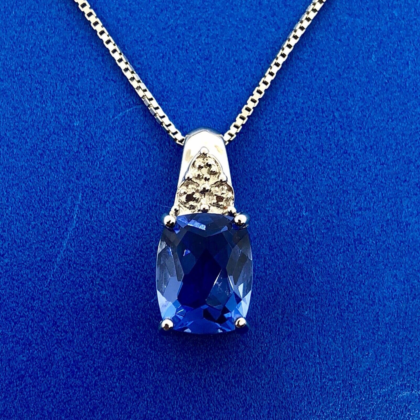 925 Sterling Silver Blue Cubic Zirconium with Diamond Accent Pendant Necklace