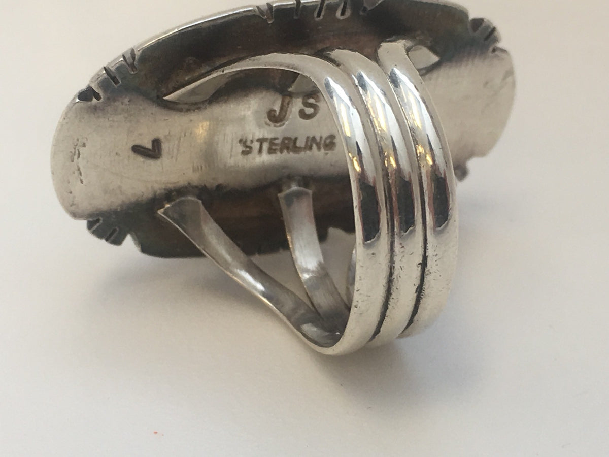 Navajo James Shay JS Sterling Silver 925 Oval Fire Opal Inlay Statement Ring