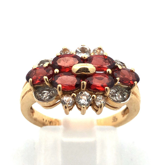 Designer 14K Yellow Gold Oval Garnet Diamond Cluster Cocktail Ring