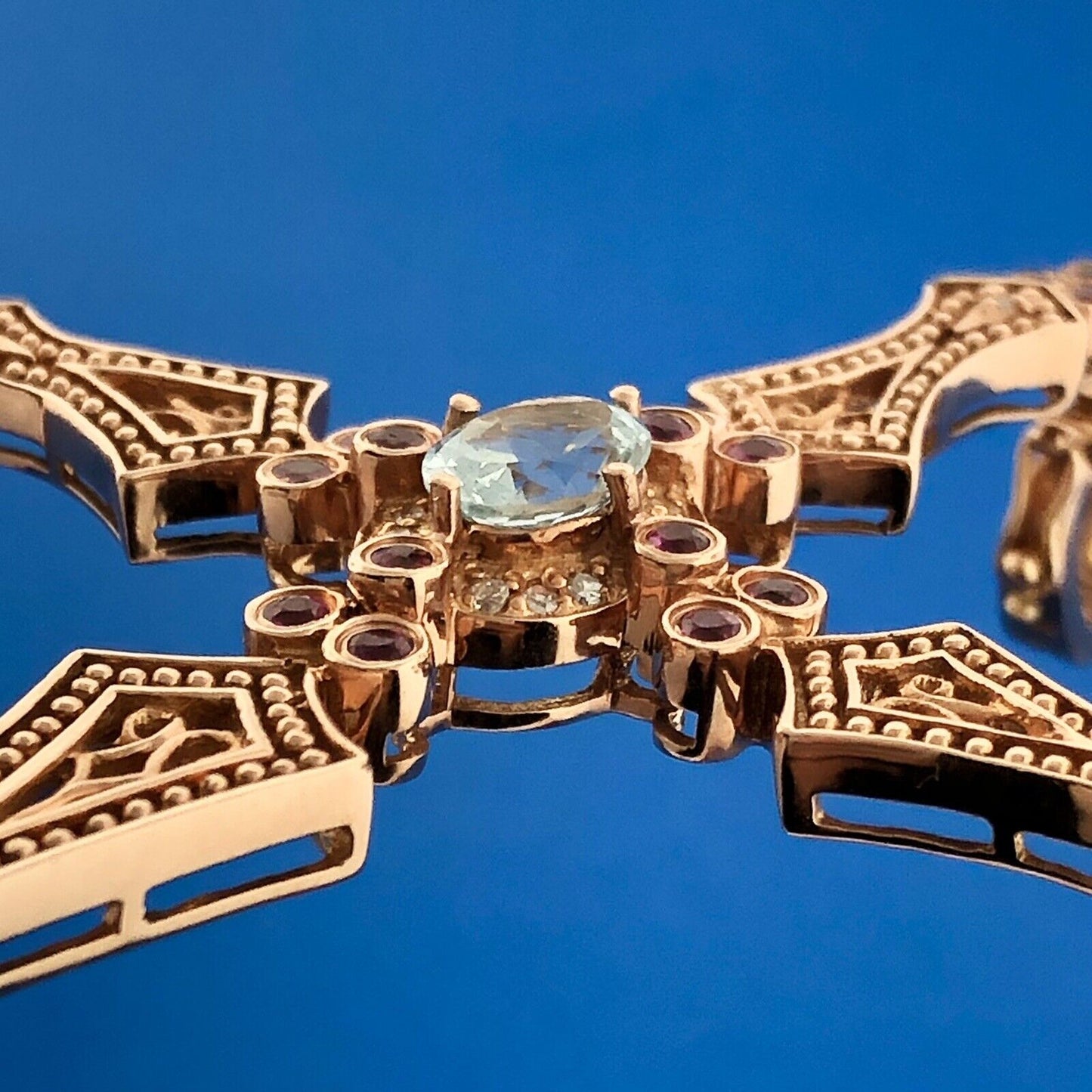 SR 14k Rose Gold Blue Tourmaline Ruby Diamond Faith Cross Pendant Enhancer