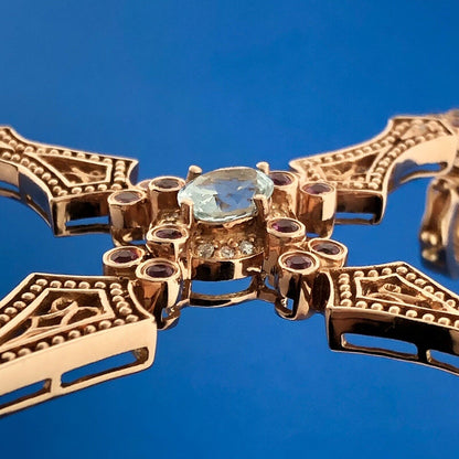 SR 14k Rose Gold Blue Tourmaline Ruby Diamond Faith Cross Pendant Enhancer