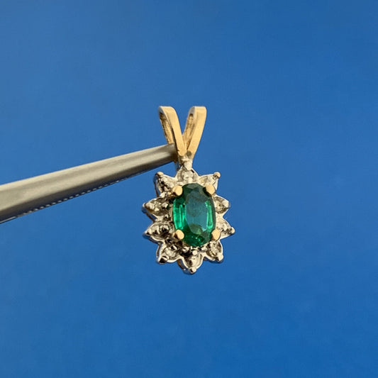 Designer 10k Yellow White Gold Oval Emerald Diamond Accented Charm Pendant